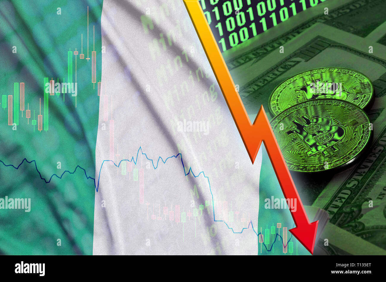 Nigeria flag and cryptocurrency falling trend with two bitcoins on dollar  bills. Concept of depreciation Bitcoin in price against the dollar Stock  Photo - Alamy