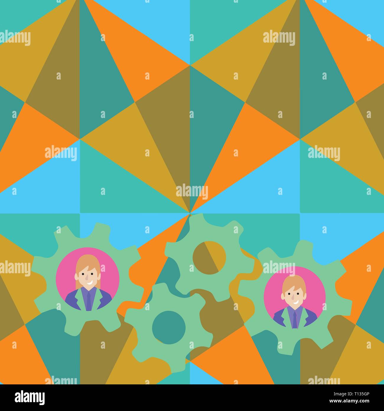 Two Business People Each Inside Colorful Cog Wheel Gears for Teamwork ...