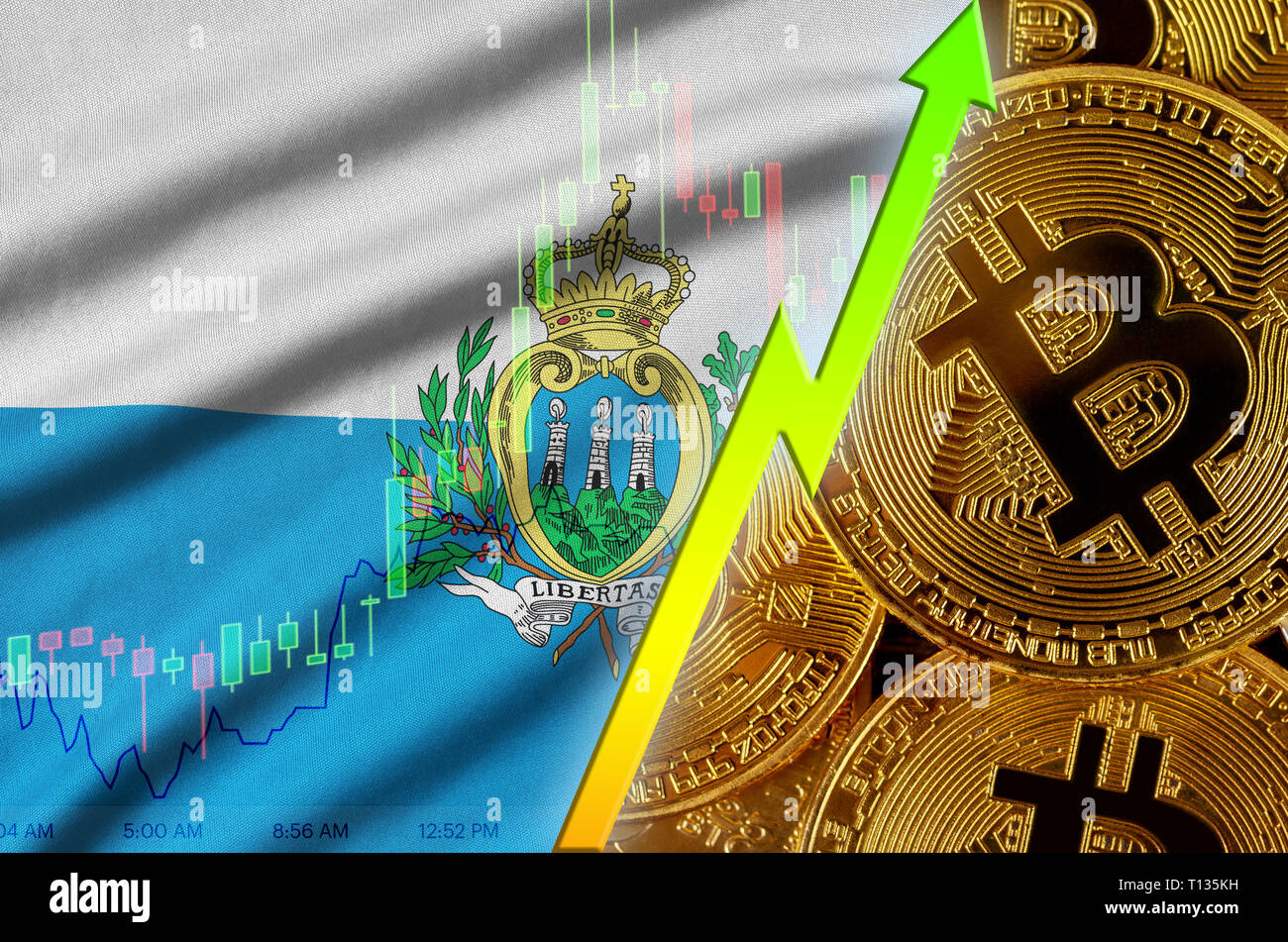 San Marino flag and cryptocurrency growing trend with many golden bitcoins.  Concept of raising Bitcoin in price or high conversion in cryptocurrency  Stock Photo - Alamy