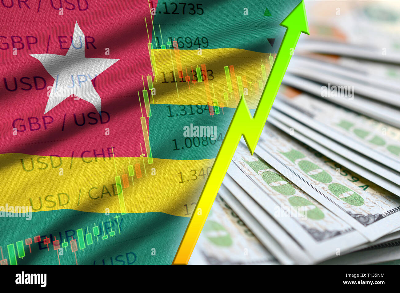 Togo flag and chart growing US dollar position with a fan of dollar