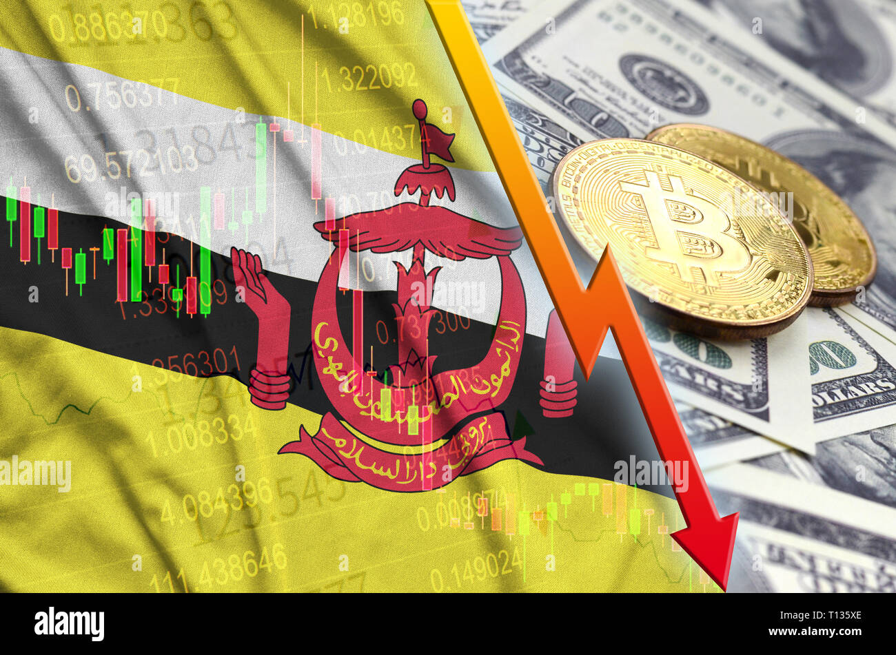 Brunei Darussalam flag and cryptocurrency falling trend with many golden  bitcoins. Concept of reduction Bitcoin in price or bad conversion in  cryptocu Stock Photo - Alamy