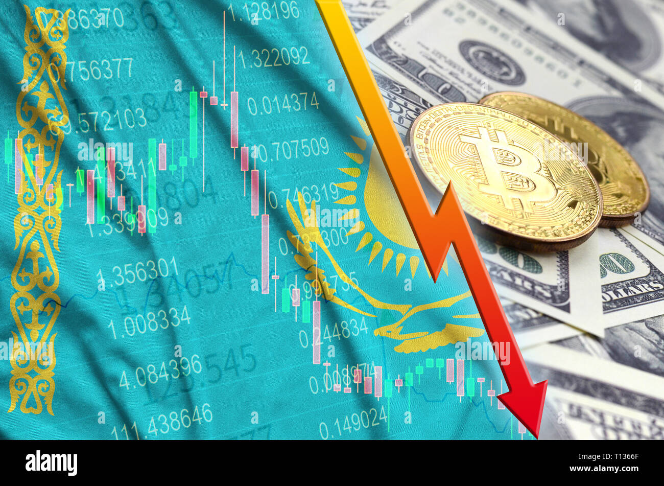 Kazakhstan flag and cryptocurrency falling trend with two bitcoins on dollar  bills. Concept of depreciation Bitcoin in price against the dollar Stock  Photo - Alamy