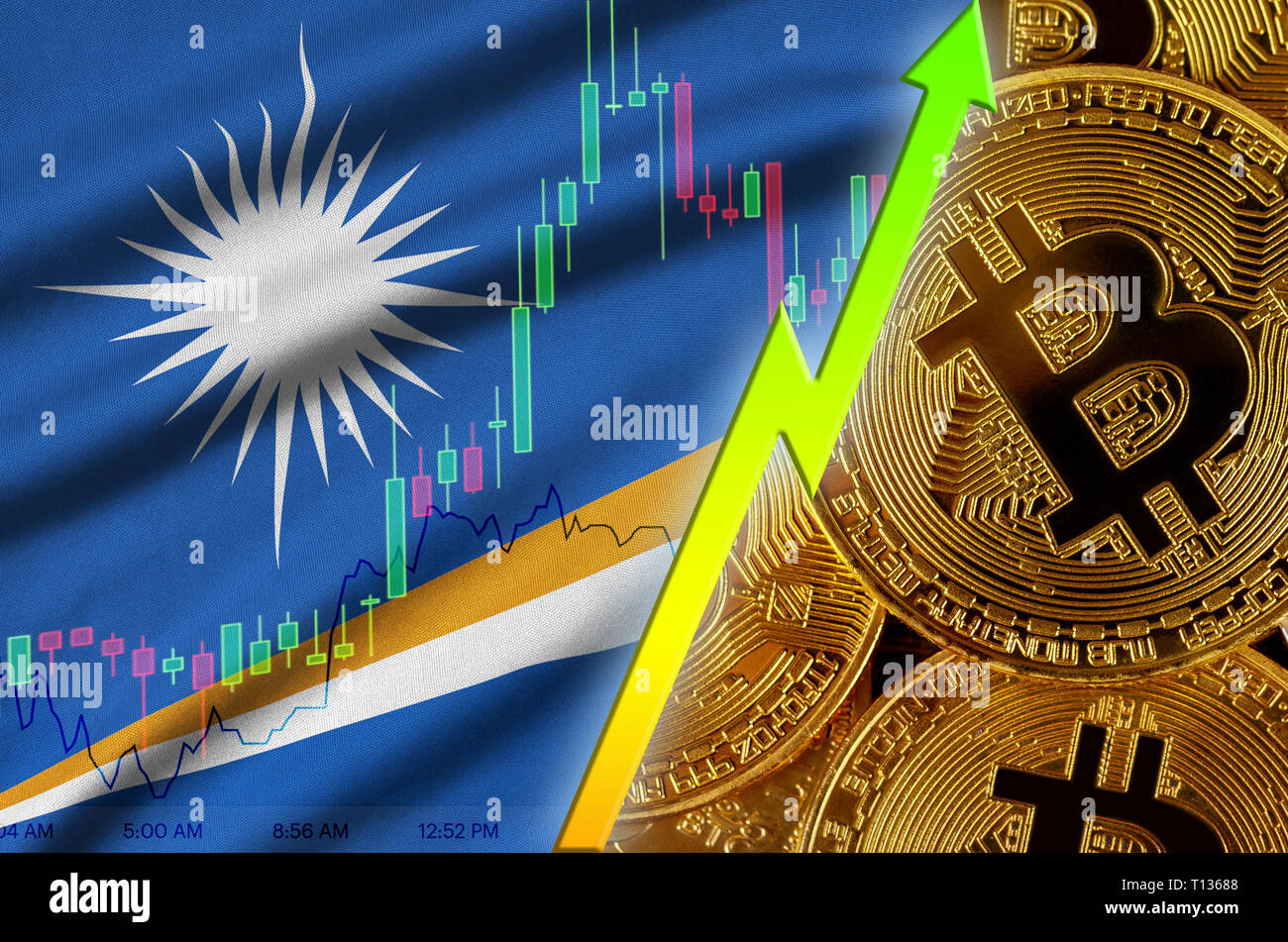 Marshall Islands flag and cryptocurrency growing trend with many golden  bitcoins. Concept of raising Bitcoin in price or high conversion in  cryptocur Stock Photo - Alamy