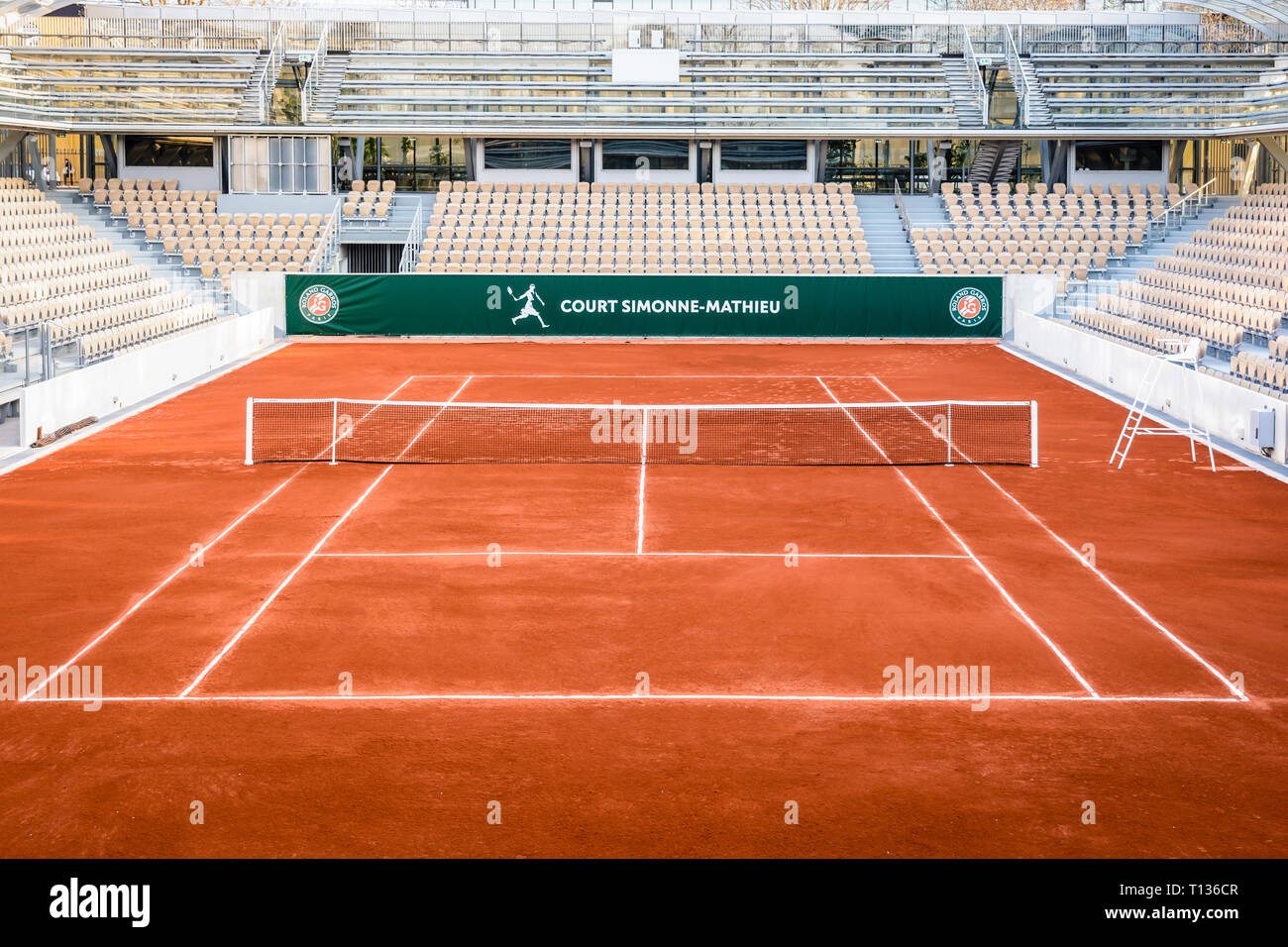 General view of the Simonne Mathieu tennis clay court, the latest of Roland Garros stadium in Paris, where the French Open takes place. Stock Photo