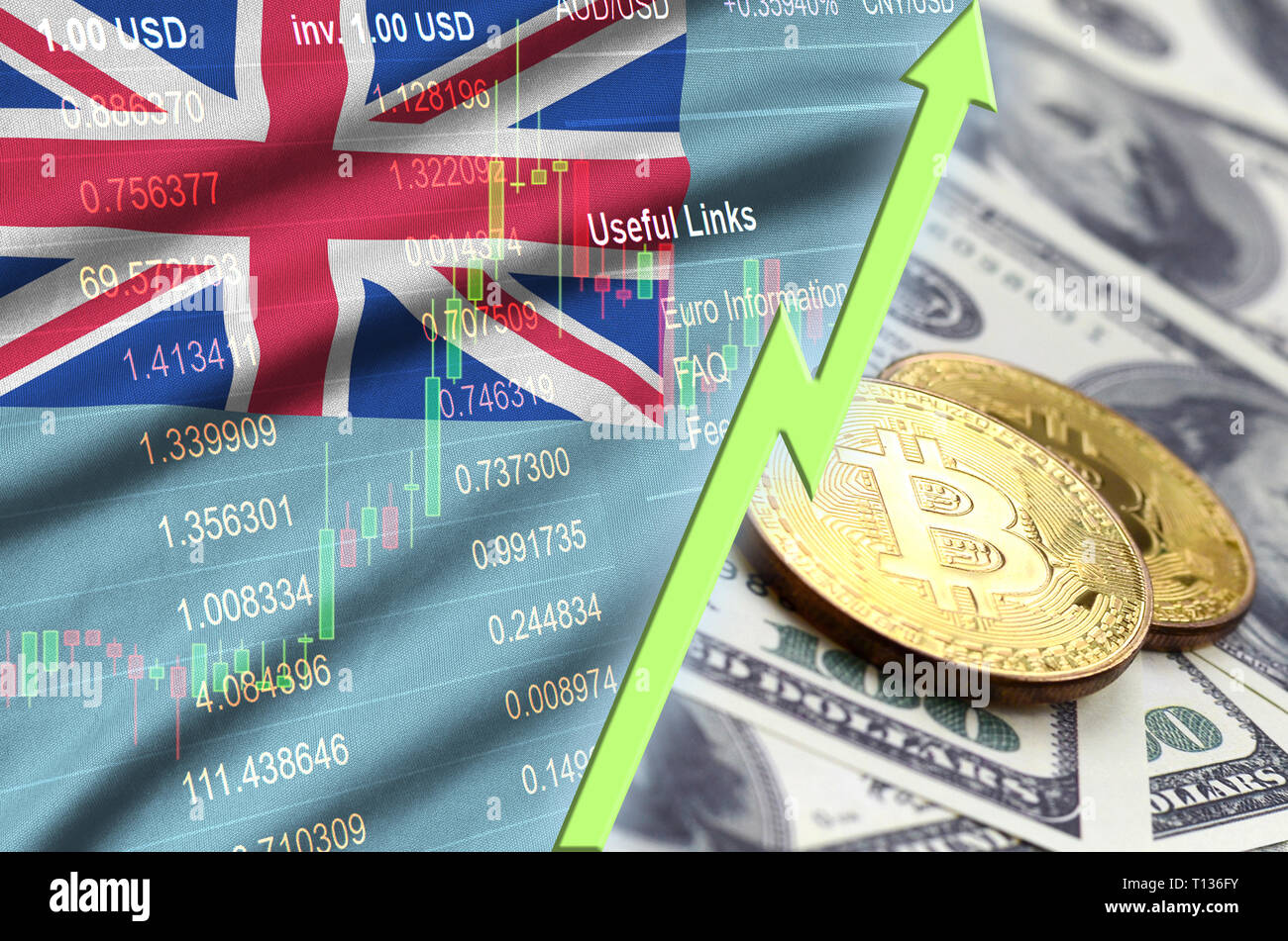Tuvalu flag and cryptocurrency growing trend with two bitcoins on dollar  bills. Concept of raising Bitcoin in price against the dollar Stock Photo -  Alamy