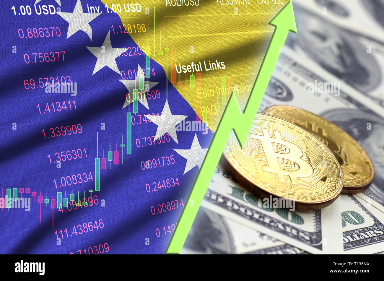 Bosnia and Herzegovina flag and cryptocurrency growing trend with two  bitcoins on dollar bills. Concept of raising Bitcoin in price against the  dollar Stock Photo - Alamy