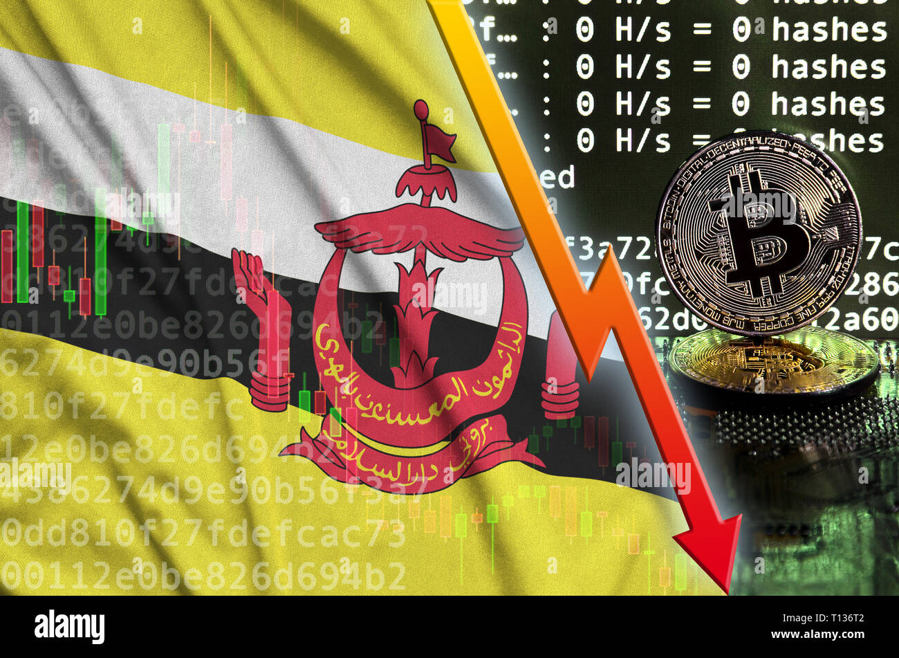Brunei Darussalam flag and cryptocurrency falling trend with many golden  bitcoins. Concept of reduction Bitcoin in price or bad conversion in  cryptocu Stock Photo - Alamy