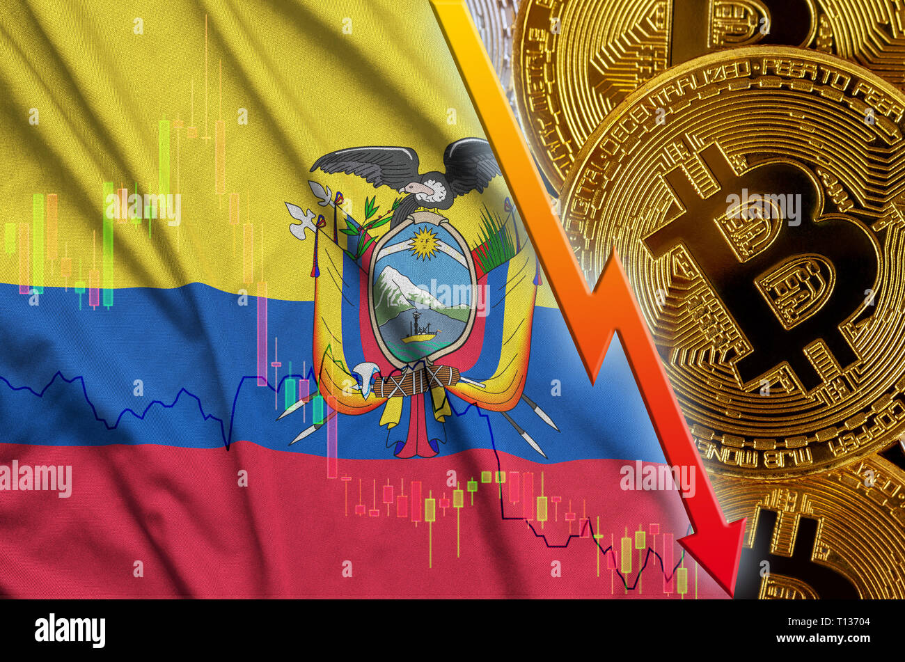 Ecuador flag and cryptocurrency falling trend with many golden bitcoins.  Concept of reduction Bitcoin in price or bad conversion in cryptocurrency  min Stock Photo - Alamy