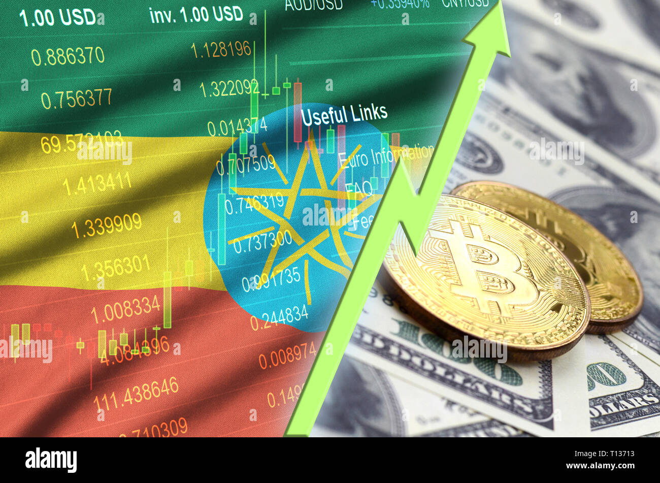 Ethiopia Flag And Cryptocurrency Growing Trend With Two Bitc!   oins On - 