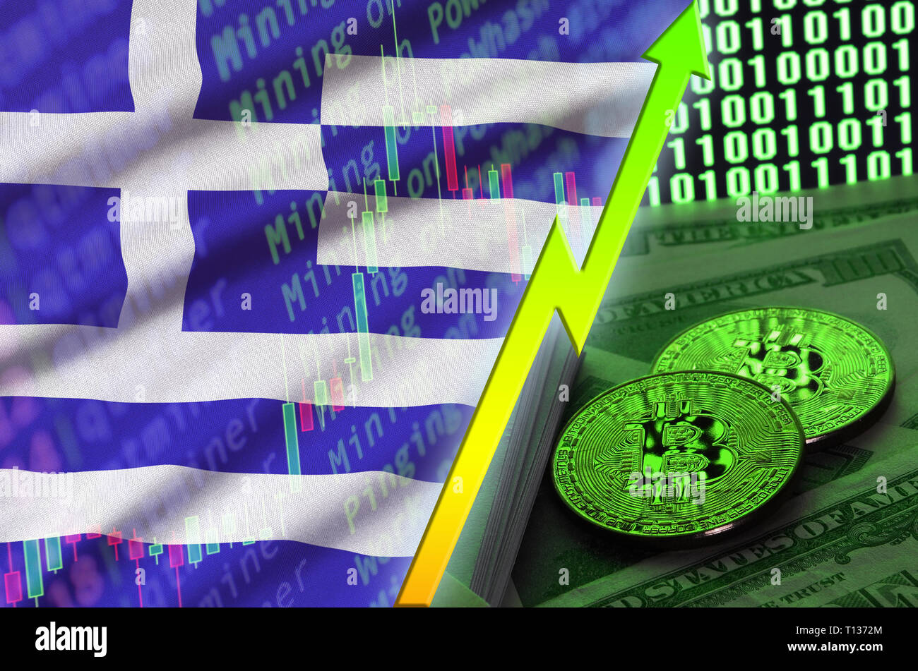 Greece flag and cryptocurrency growing trend with two bitcoins on dollar  bills and binary code display. Concept of raising Bitcoin in price and high  c Stock Photo - Alamy