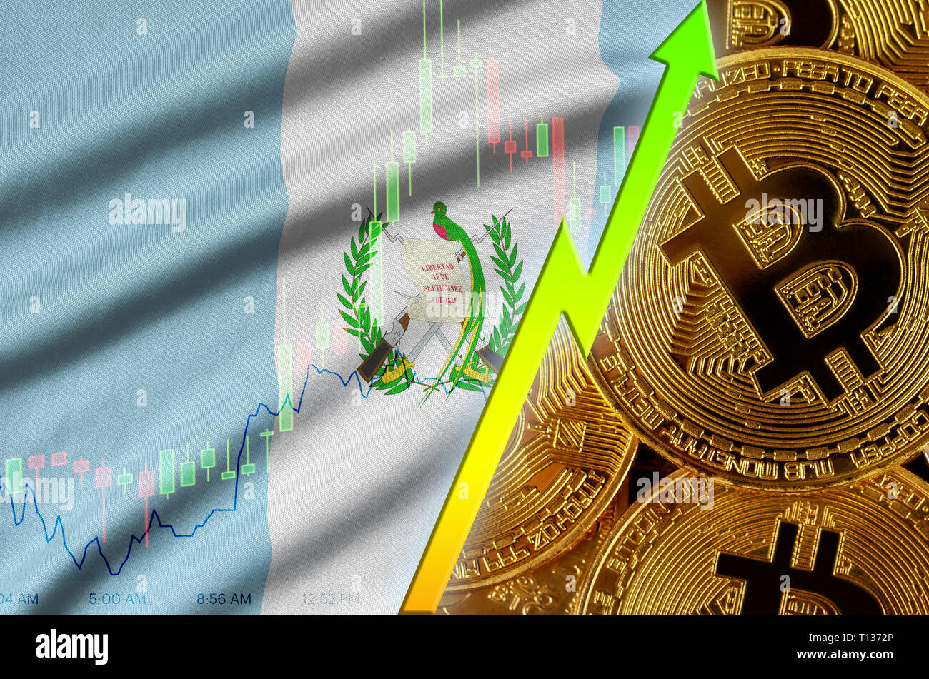 Guatemala flag and cryptocurrency growing trend with two bitcoins on dollar  bills. Concept of raising Bitcoin in price against the dollar Stock Photo -  Alamy