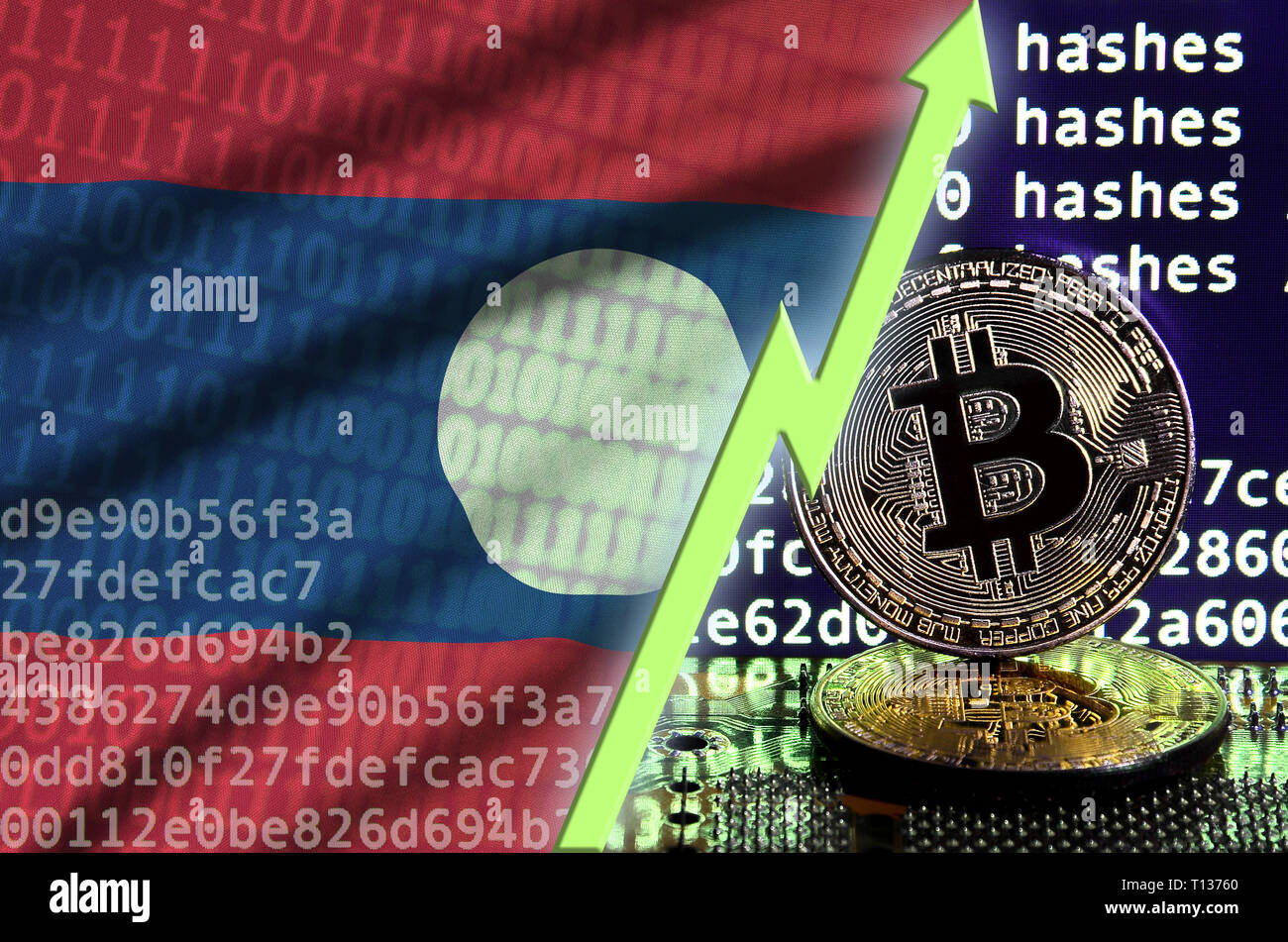 Laos flag and rising green arrow on bitcoin mining screen and two physical  golden bitcoins. Concept of high conversion in cryptocurrency mining Stock  Photo - Alamy