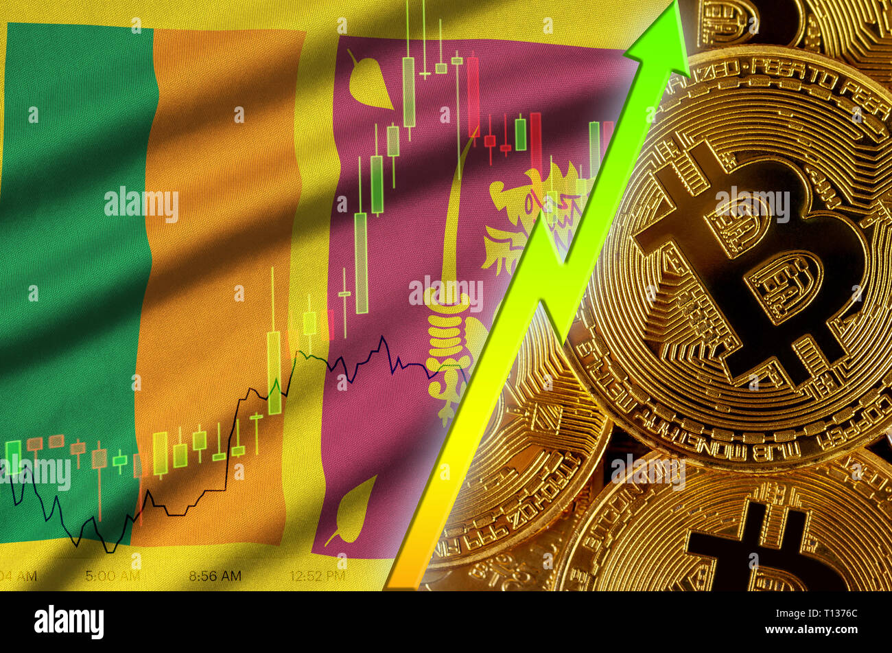 Sri Lanka flag and cryptocurrency growing trend with many golden bitcoins.  Concept of raising Bitcoin in price or high conversion in cryptocurrency m  Stock Photo - Alamy