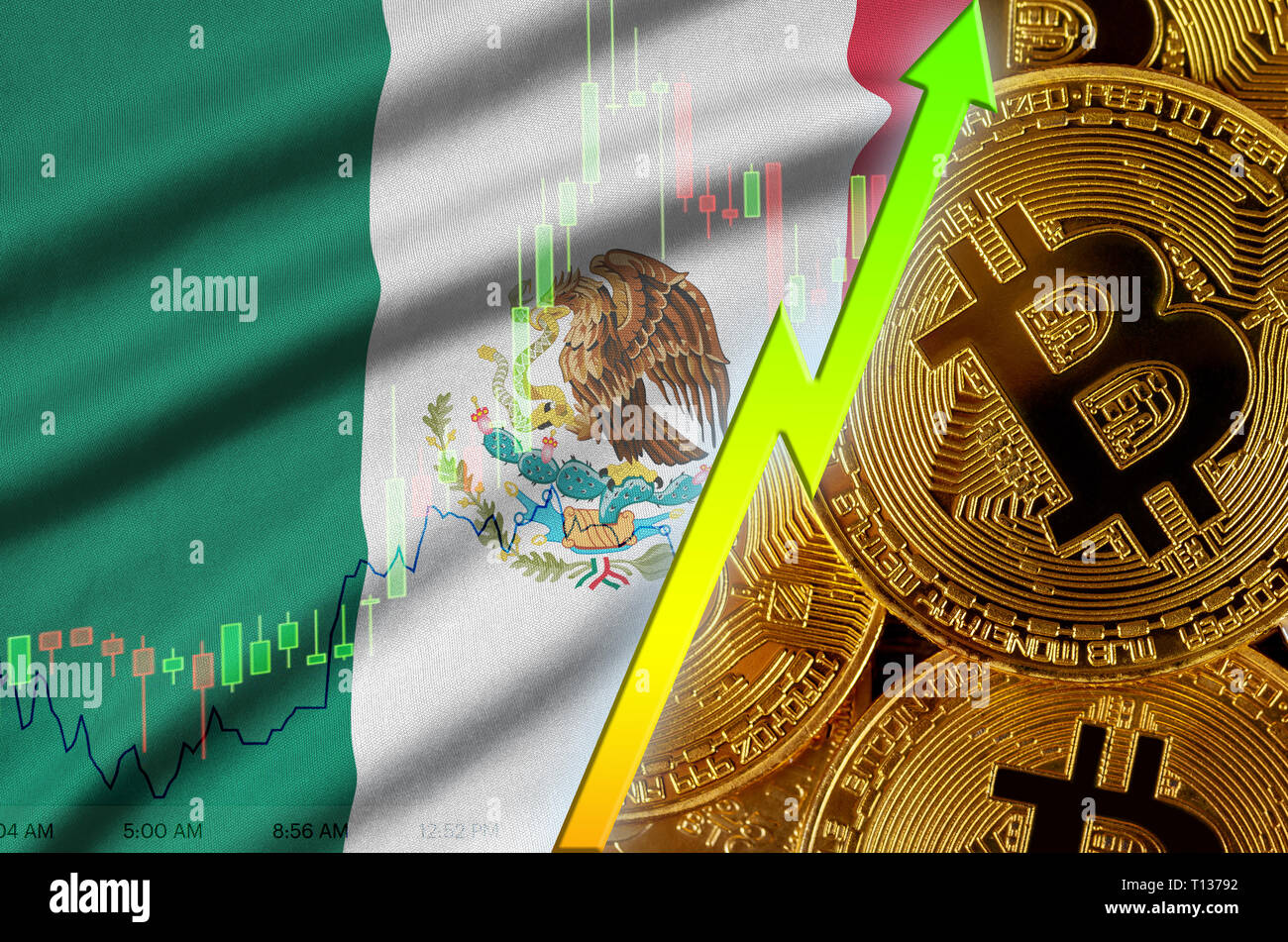 Mexico flag and cryptocurrency growing trend with many golden bitcoins.  Concept of raising Bitcoin in price or high conversion in cryptocurrency  mini Stock Photo - Alamy
