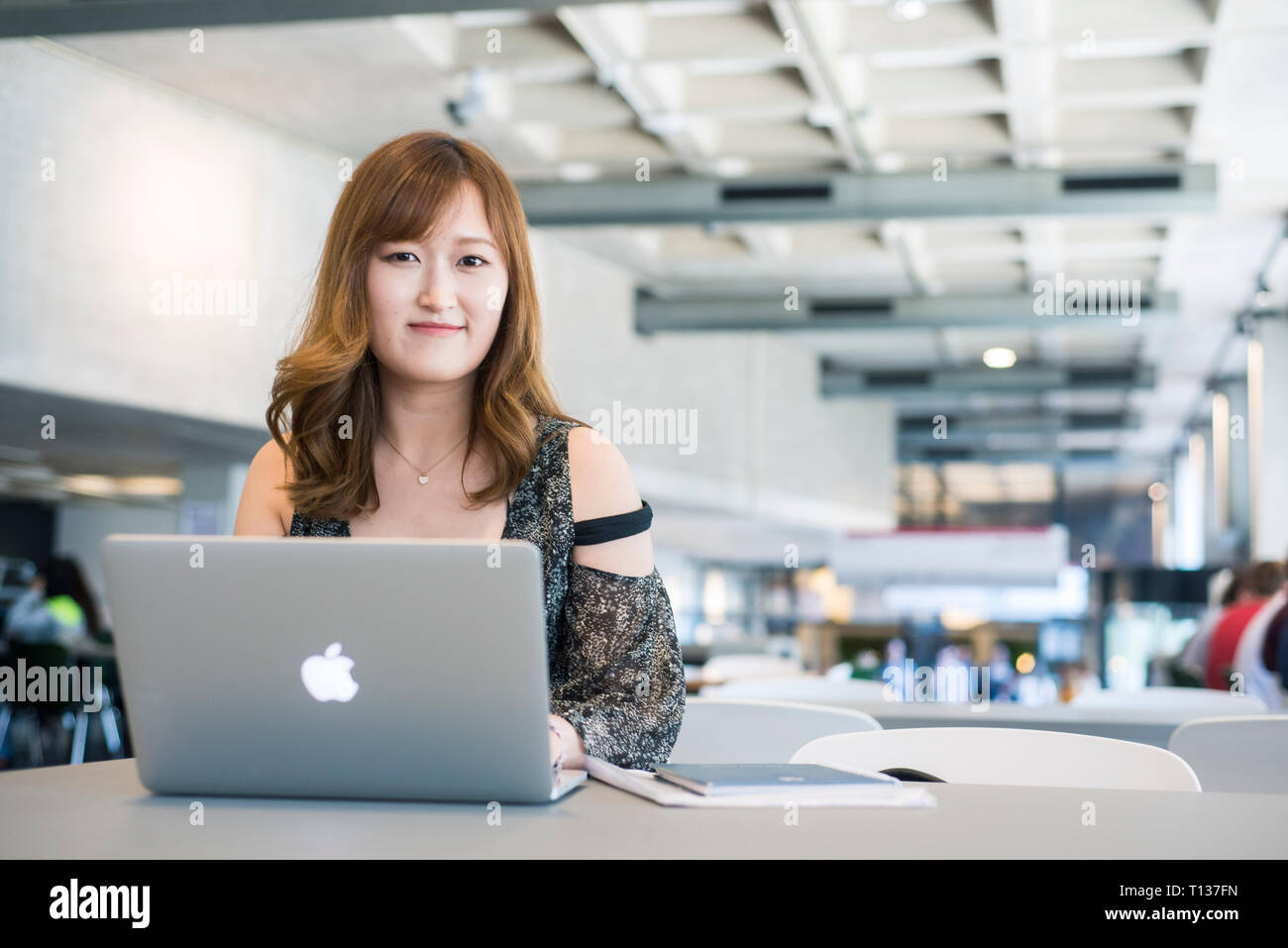 A young south east asian woman sits at a table in a modern university ...