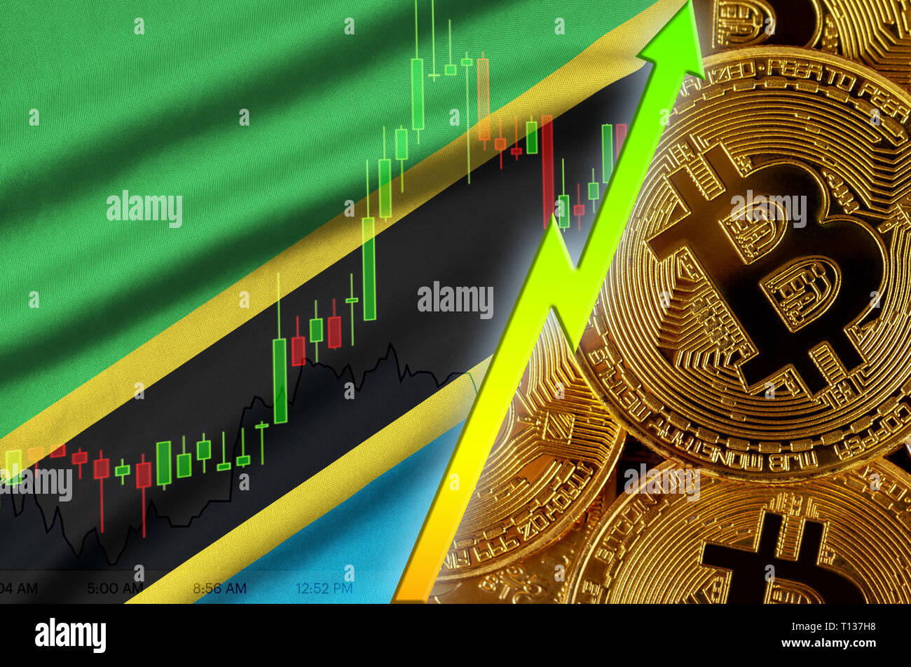 Tanzania flag and cryptocurrency growing trend with many golden bitcoins.  Concept of raising Bitcoin in price or high conversion in cryptocurrency mi  Stock Photo - Alamy