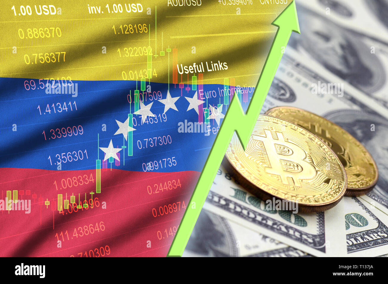 Venezuela flag and cryptocurrency growing trend with many golden bitcoins.  Concept of raising Bitcoin in price or high conversion in cryptocurrency m  Stock Photo - Alamy