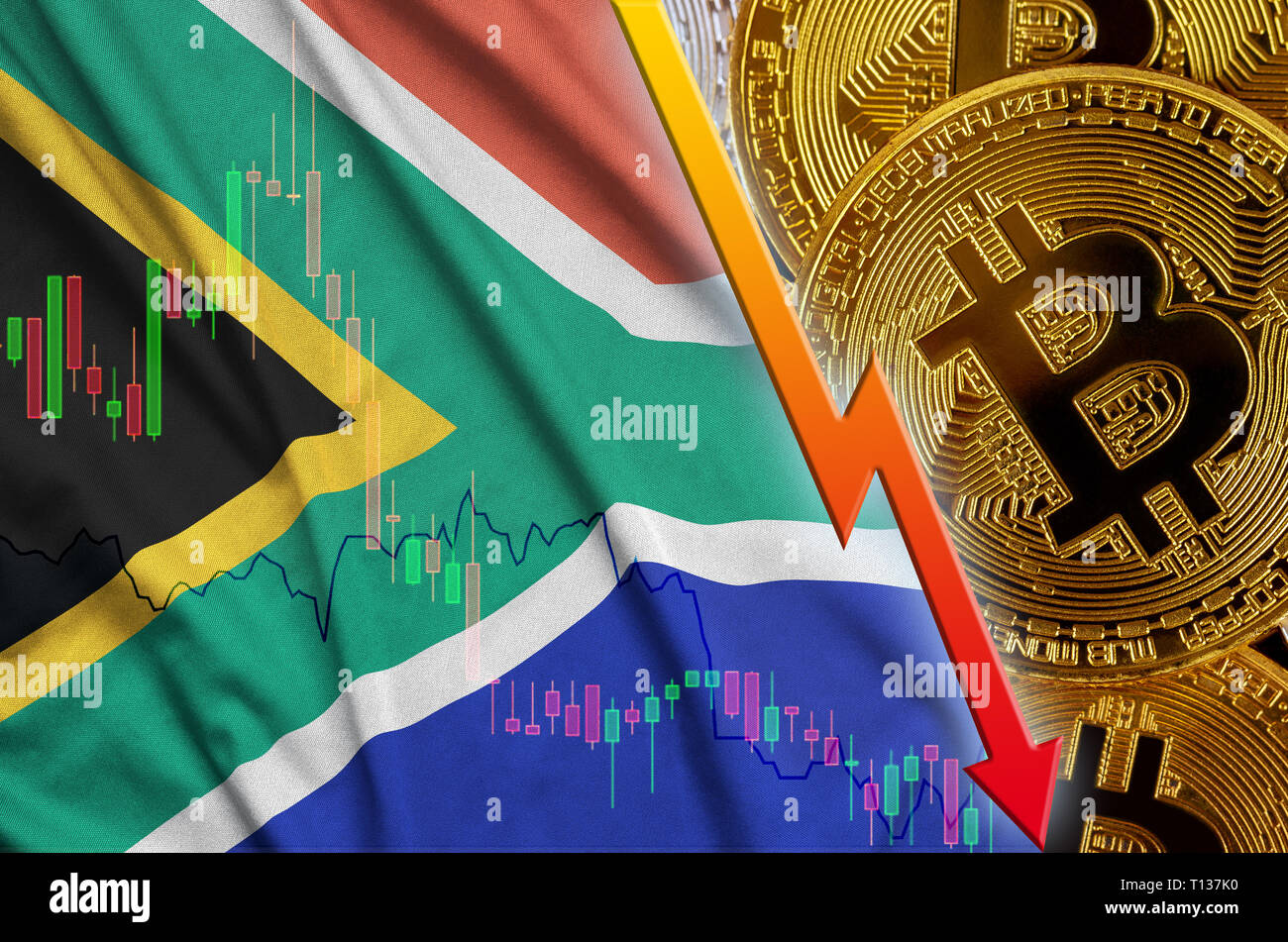 South Africa flag and cryptocurrency falling trend with two bitcoins on  dollar bills and binary code display. Concept of reduction Bitcoin in price  an Stock Photo - Alamy