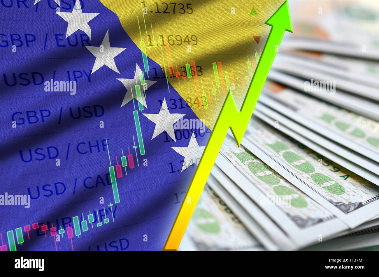 Bosnia And Herzegovina Flag And Chart Growing US Dollar Position With A   Bosnia And Herzegovina Flag And Chart Growing Us Dollar Position With A Fan Of Dollar Bills Concept Of Increasing Value Of Us Dollar Currency T137MF 