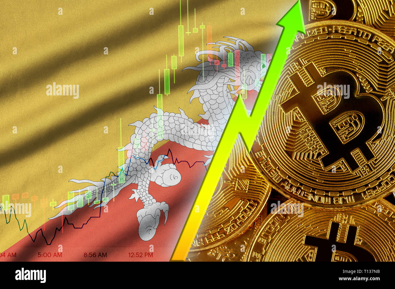 Bhutan flag and cryptocurrency growing trend with many golden bitcoins.  Concept of raising Bitcoin in price or high conversion in cryptocurrency  mini Stock Photo - Alamy