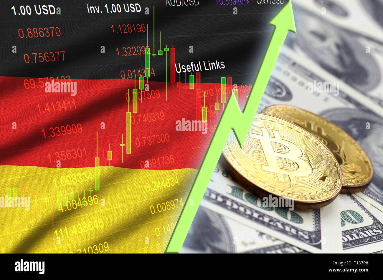 Germany flag and cryptocurrency growing trend with two bitcoins on dollar  bills. Concept of raising Bitcoin in price against the dollar Stock Photo -  Alamy
