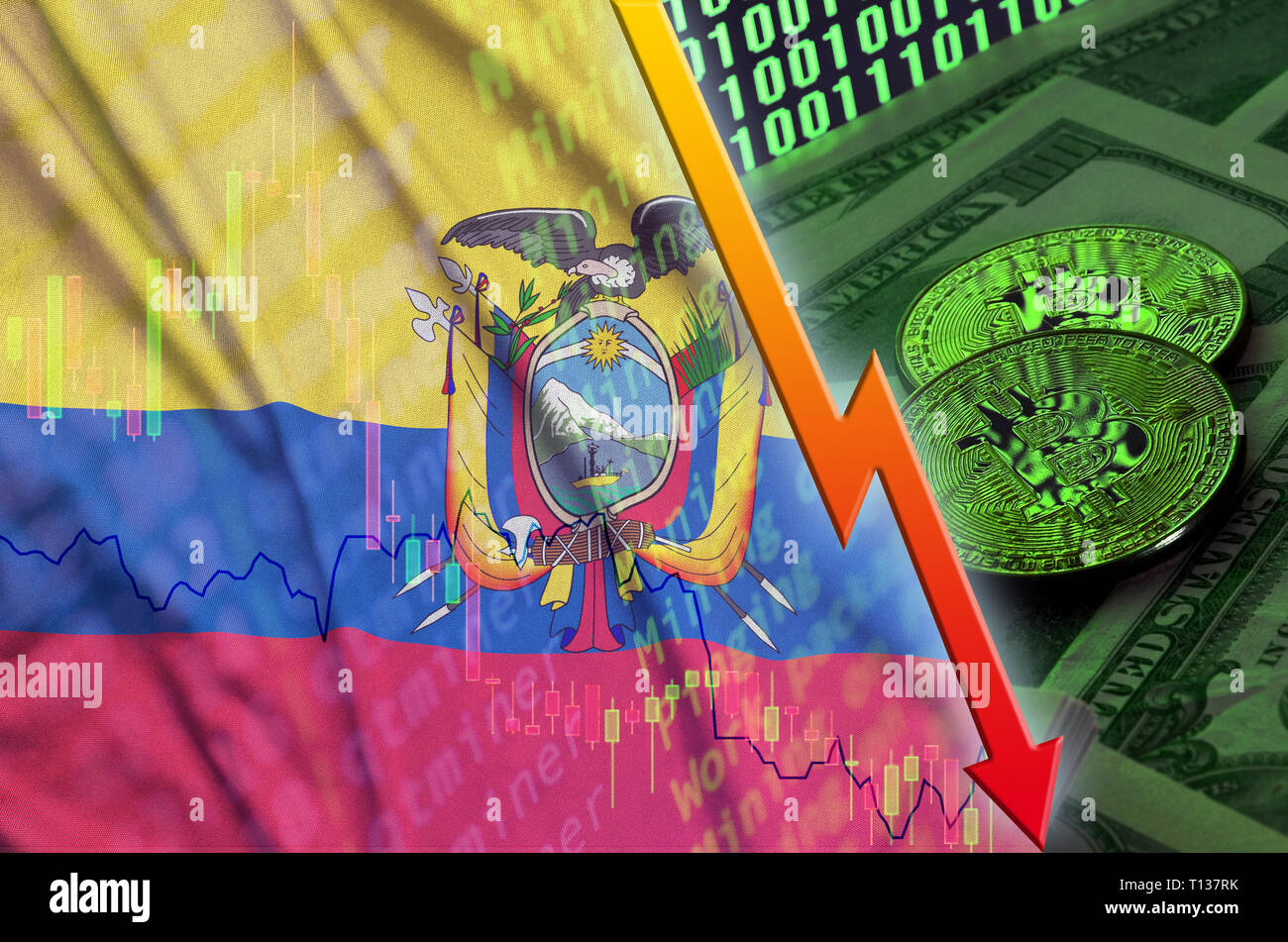 Ecuador flag and cryptocurrency falling trend with many golden bitcoins.  Concept of reduction Bitcoin in price or bad conversion in cryptocurrency  min Stock Photo - Alamy