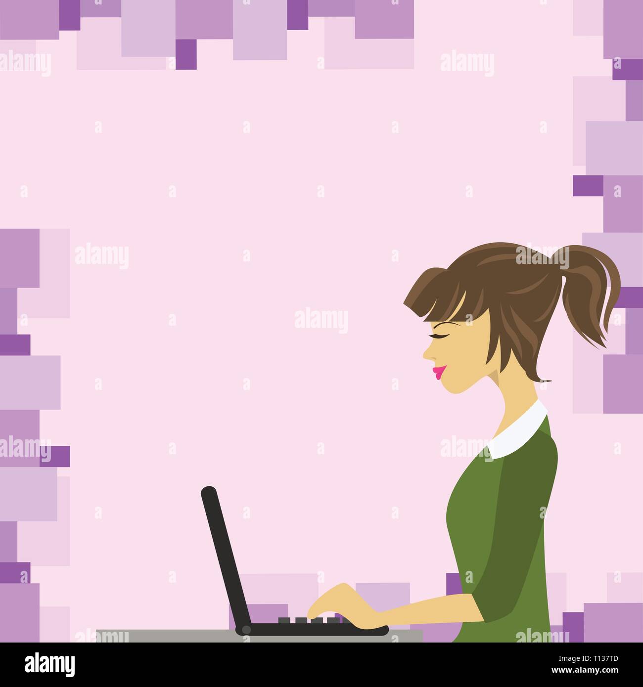 Illustration of Young Busy Woman Sitting Side View and Working on her Laptop Design business concept Empty template copy space text for Ad website iso Stock Vector