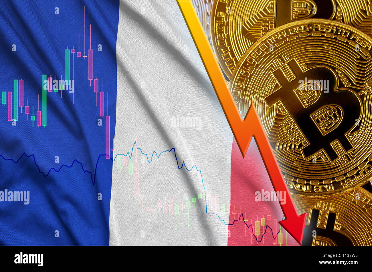France flag and cryptocurrency falling trend with many golden bitcoins.  Concept of reduction Bitcoin in price or bad conversion in cryptocurrency  mini Stock Photo - Alamy