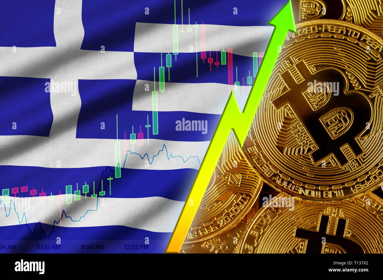 Greece flag and cryptocurrency growing trend with two bitcoins on dollar  bills. Concept of raising Bitcoin in price against the dollar Stock Photo -  Alamy