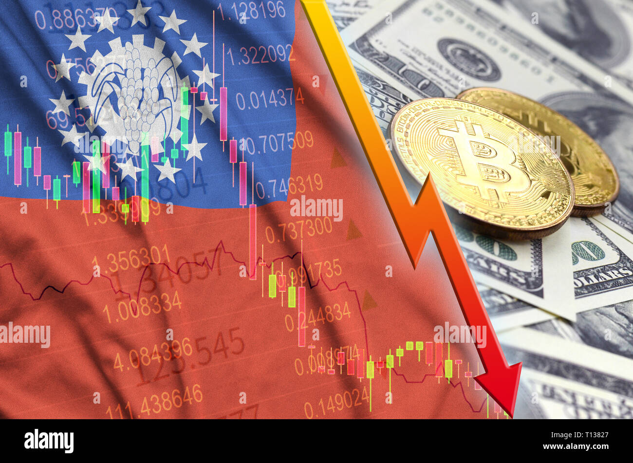 Myanmar flag and cryptocurrency falling trend with two bitcoins on dollar  bills. Concept of depreciation Bitcoin in price against the dollar Stock  Photo - Alamy