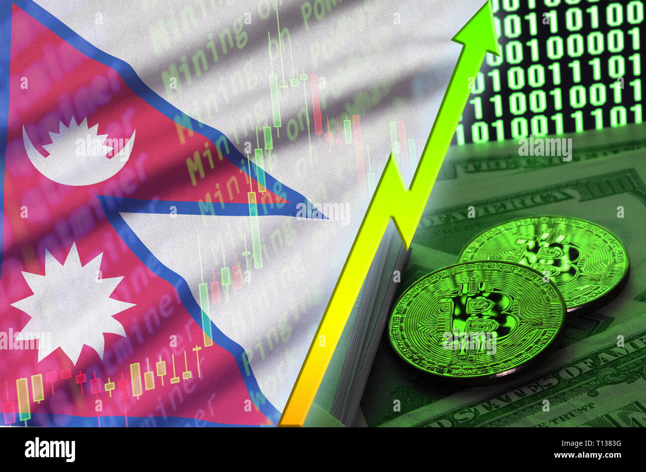 Nepal flag and cryptocurrency growing trend with two bitcoins on dollar  bills. Concept of raising Bitcoin in price against the dollar Stock Photo -  Alamy