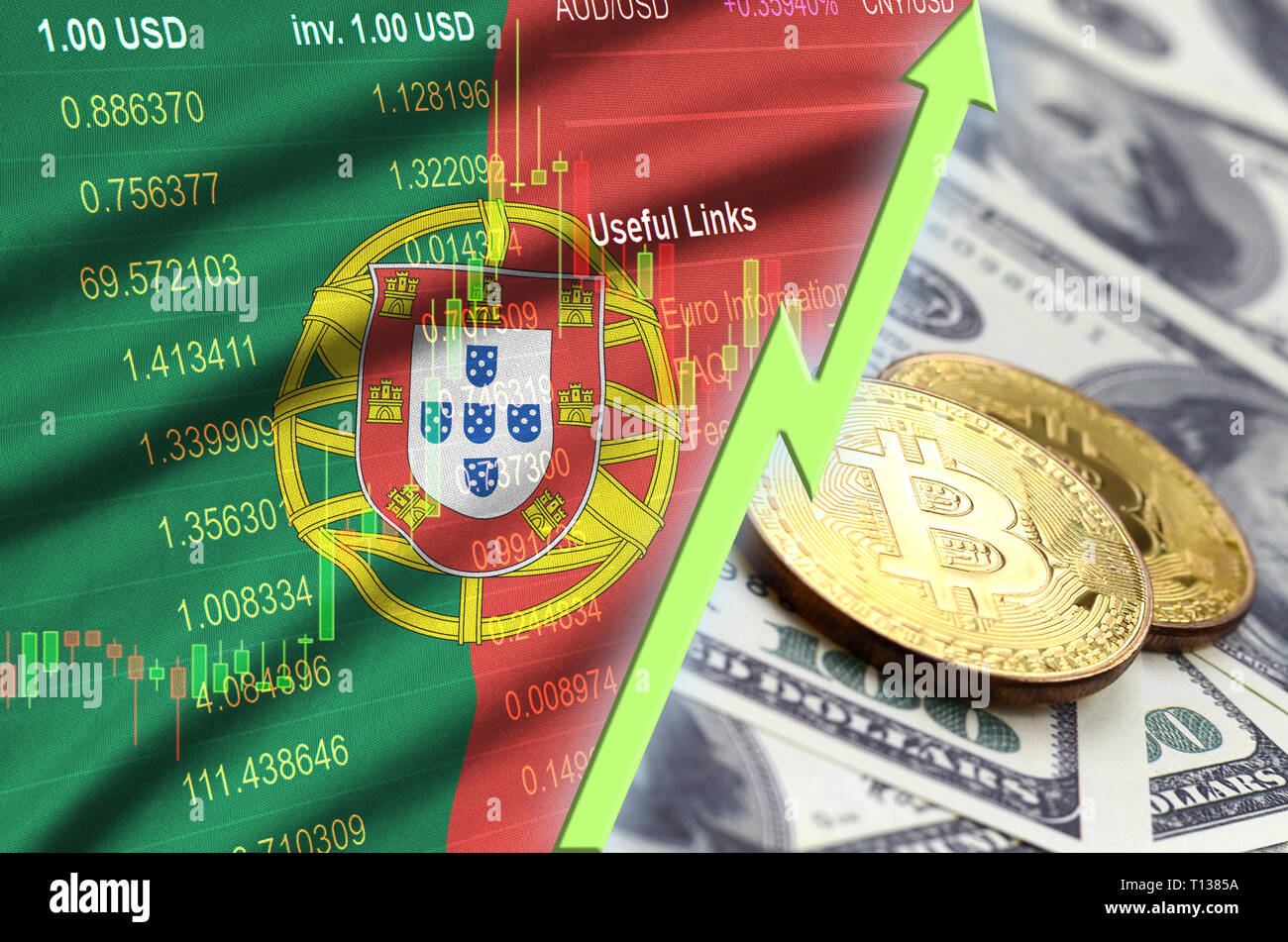 Portugal flag and cryptocurrency growing trend with two bitcoins on dollar  bills. Concept of raising Bitcoin in price against the dollar Stock Photo -  Alamy