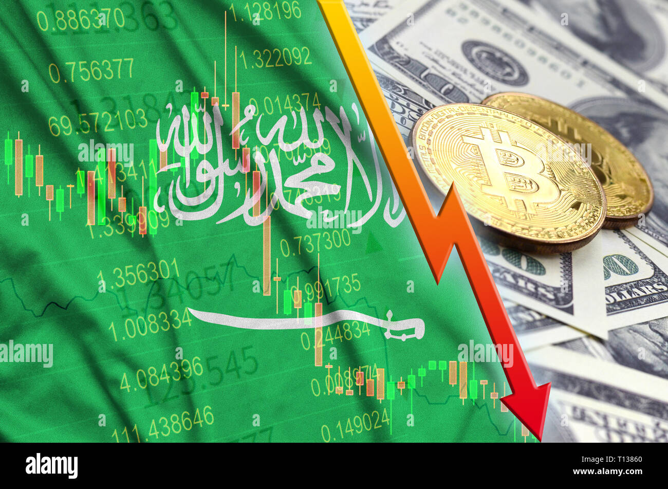 Saudi Arabia flag and cryptocurrency falling trend with two bitcoins on  dollar bills. Concept of depreciation Bitcoin in price against the dollar  Stock Photo - Alamy
