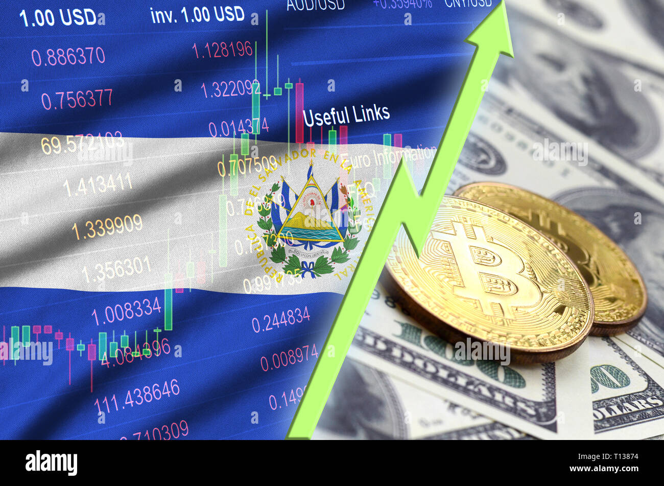 El Salvador flag and cryptocurrency growing trend with two bitcoins on  dollar bills. Concept of raising Bitcoin in price against the dollar Stock  Photo - Alamy