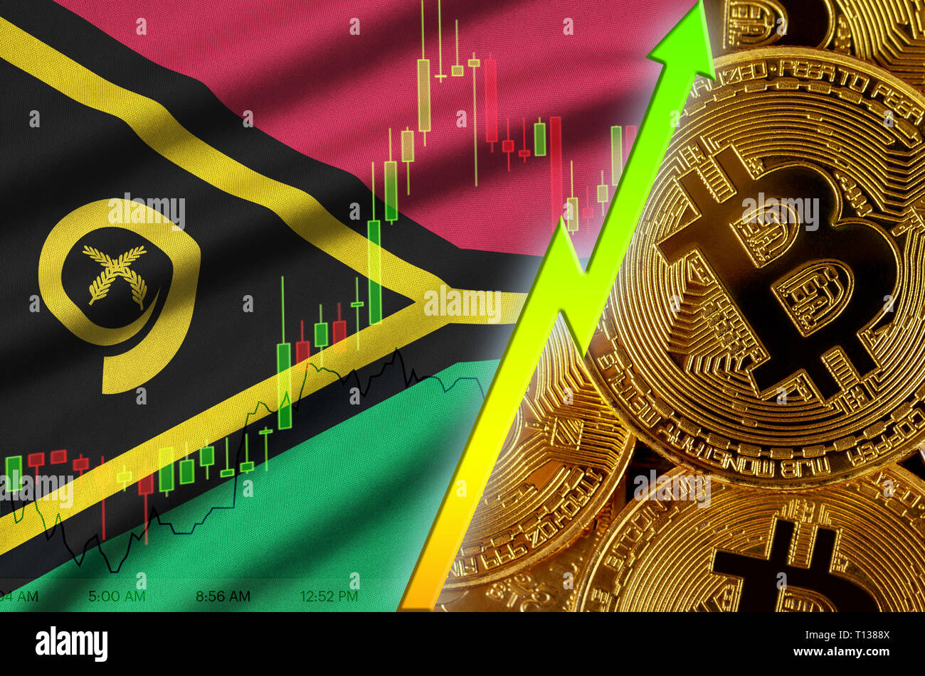Vanuatu flag and cryptocurrency growing trend with many golden bitcoins.  Concept of raising Bitcoin in price or high conversion in cryptocurrency  min Stock Photo - Alamy