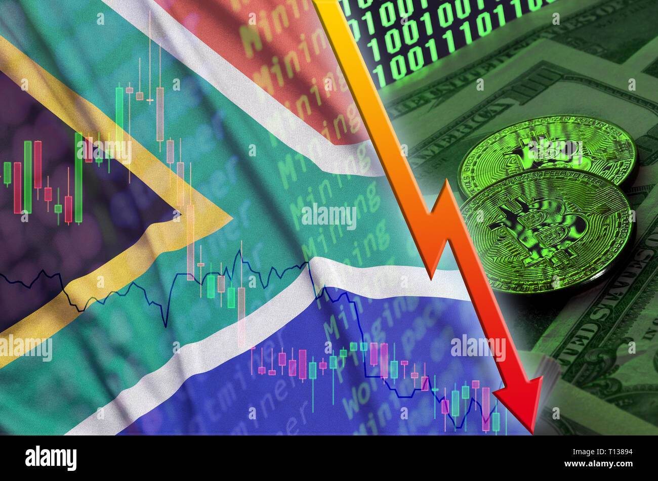 South Africa flag and cryptocurrency falling trend with two bitcoins on  dollar bills and binary code display. Concept of reduction Bitcoin in price  an Stock Photo - Alamy