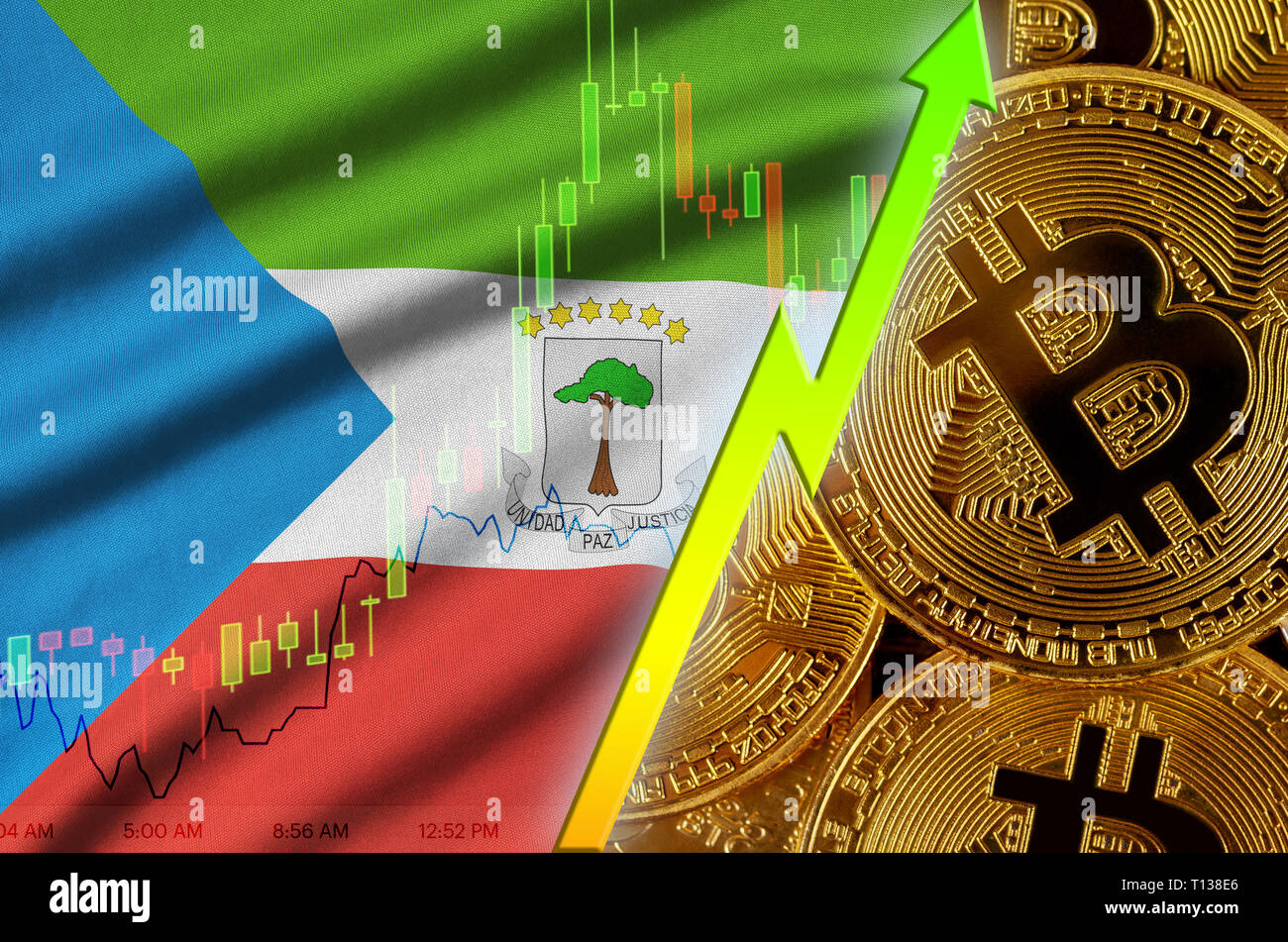 Equatorial Guinea flag and cryptocurrency growing trend with many golden  bitcoins. Concept of raising Bitcoin in price or high conversion in  cryptocu Stock Photo - Alamy