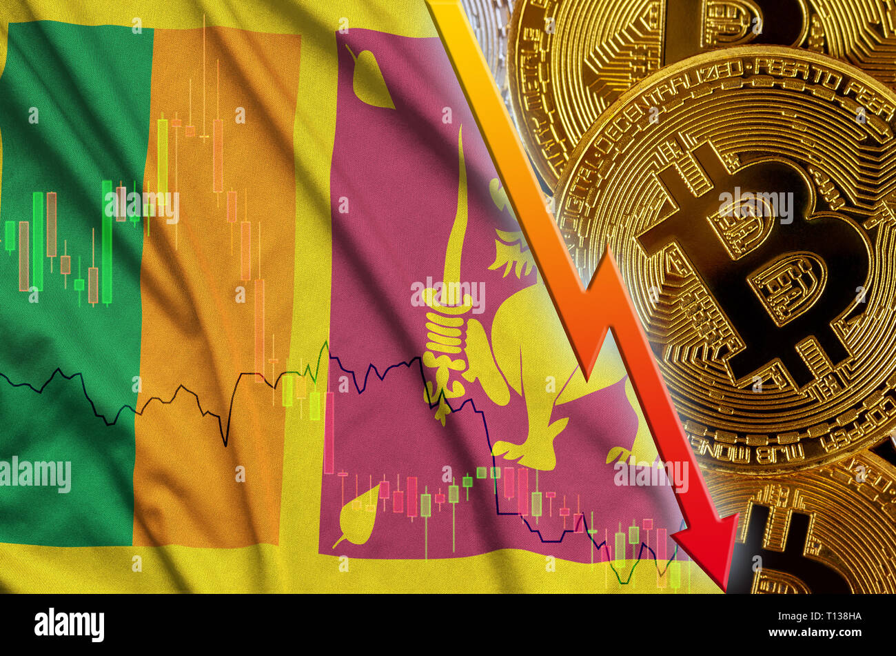 Sri Lanka flag and cryptocurrency falling trend with two bitcoins on dollar  bills. Concept of depreciation Bitcoin in price against the dollar Stock  Photo - Alamy