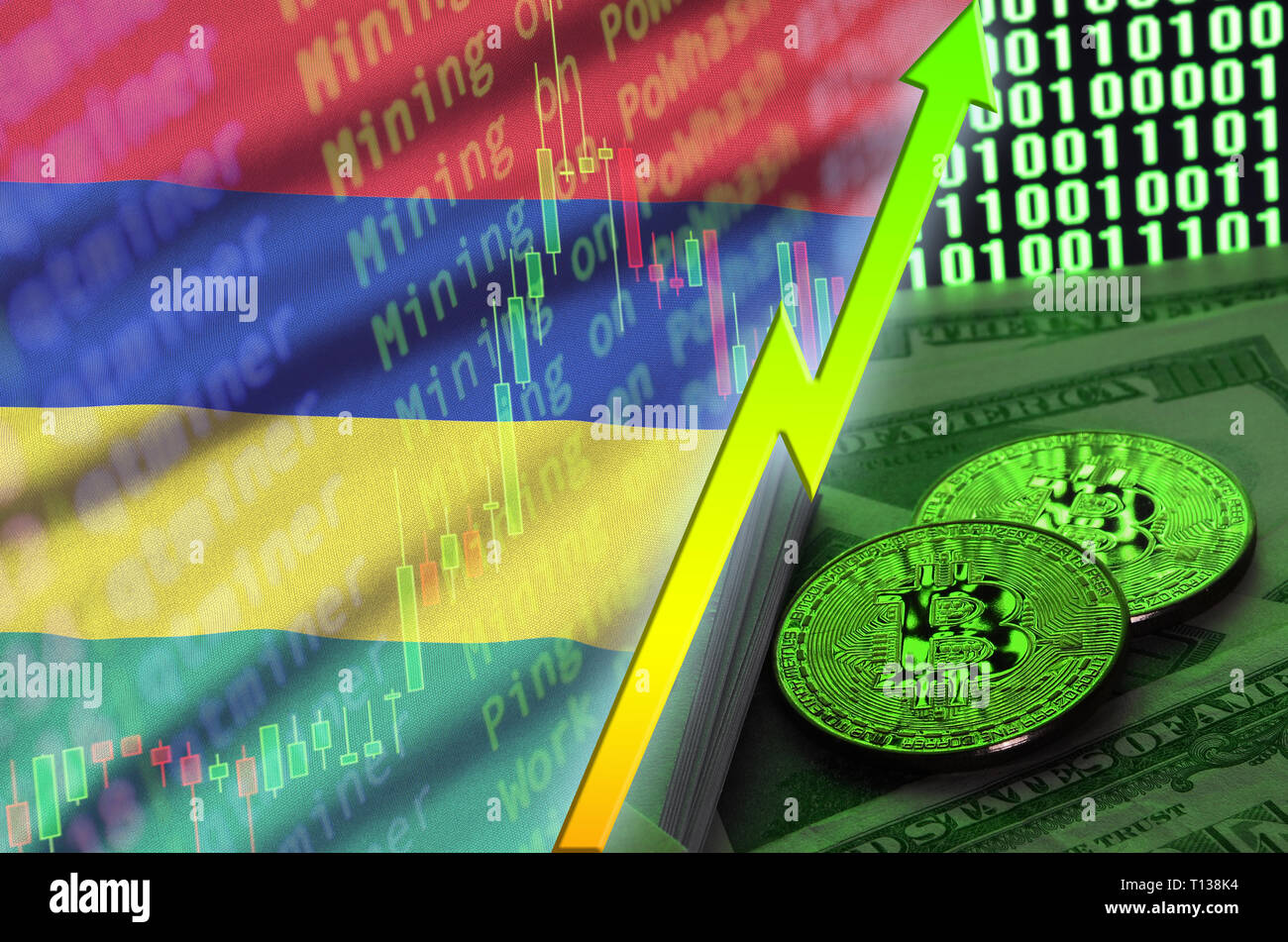Mauritius flag and cryptocurrency growing trend with two bitcoins on dollar  bills and binary code display. Concept of raising Bitcoin in price and hig  Stock Photo - Alamy