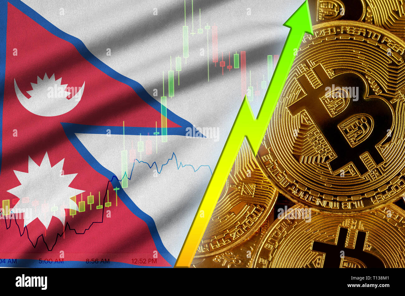Nepal flag and cryptocurrency growing trend with many golden bitcoins.  Concept of raising Bitcoin in price or high conversion in cryptocurrency  minin Stock Photo - Alamy