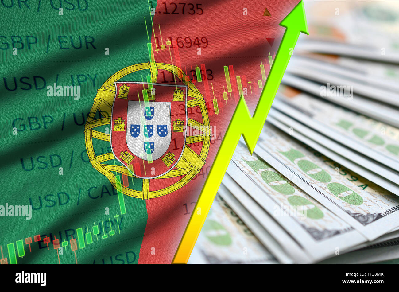 Portugal flag and chart growing US dollar position with a fan of dollar bills. Concept of increasing value of US dollar currency Stock Photo