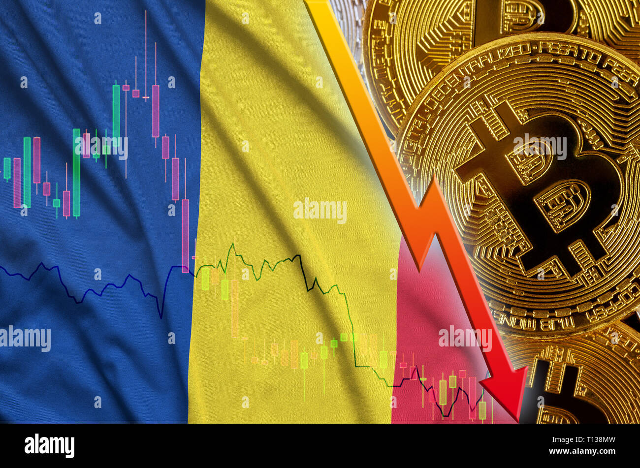 Romania flag and cryptocurrency falling trend with many golden bitcoins.  Concept of reduction Bitcoin in price or bad conversion in cryptocurrency  min Stock Photo - Alamy