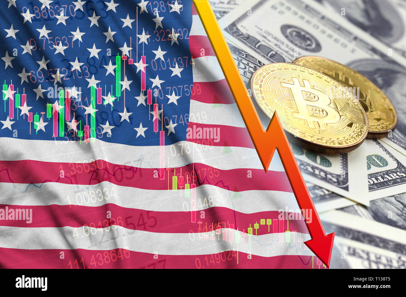 United States of America flag and cryptocurrency falling trend with two  bitcoins on dollar bills. Concept of depreciation Bitcoin in price against  the Stock Photo - Alamy
