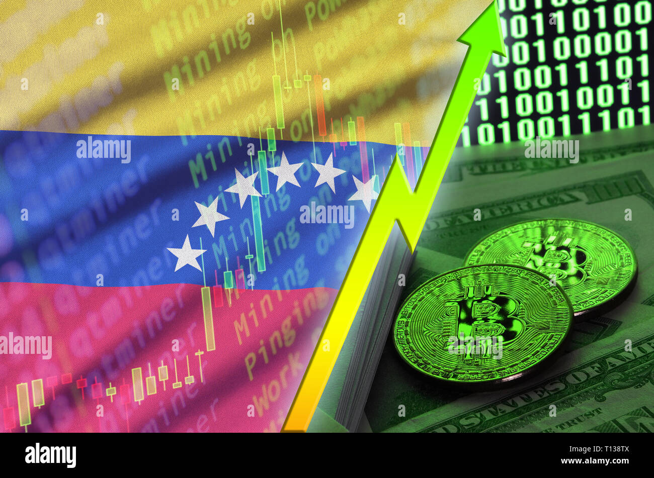 Venezuela flag and cryptocurrency growing trend with many golden bitcoins.  Concept of raising Bitcoin in price or high conversion in cryptocurrency m  Stock Photo - Alamy