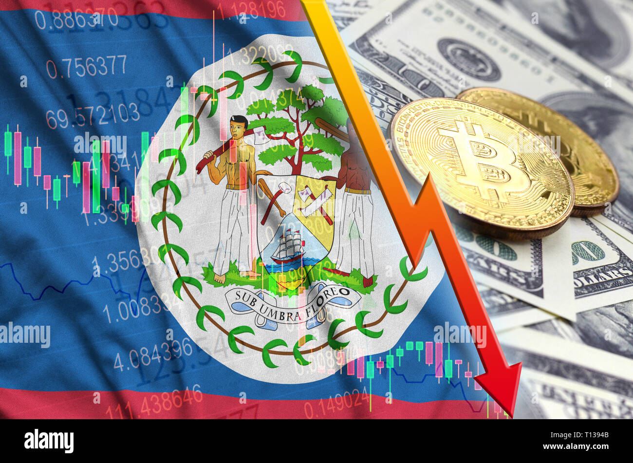 Belize flag and cryptocurrency falling trend with two bitcoins on dollar  bills. Concept of depreciation Bitcoin in price against the dollar Stock  Photo - Alamy