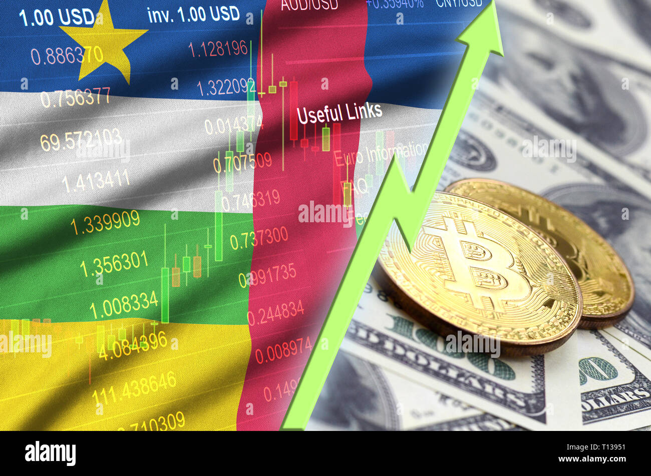 Central African Republic bitcoin flag, national flag cryptocurrency concept  black background Stock Photo - Alamy