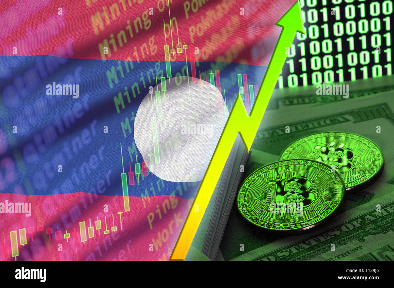 Laos flag and cryptocurrency growing trend with many golden bitcoins.  Concept of raising Bitcoin in price or high conversion in cryptocurrency  mining Stock Photo - Alamy
