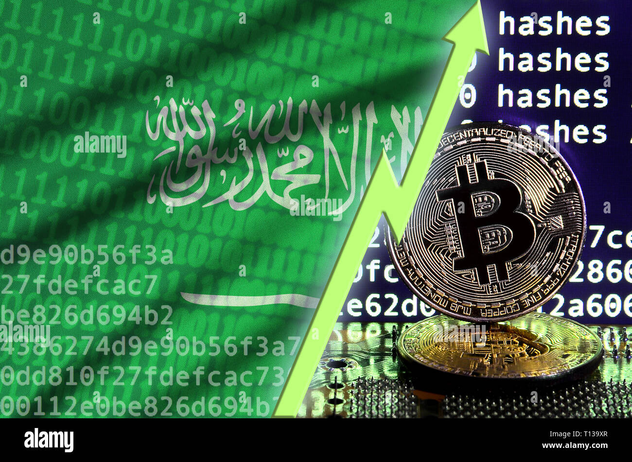 Saudi Arabia flag and rising green arrow on bitcoin mining screen and two  physical golden bitcoins. Concept of high conversion in cryptocurrency  Stock Photo - Alamy