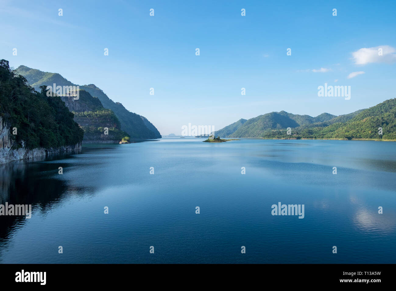 Dam blue water with mountain range clear,vajiralongkorn dam,khao laem,kanchanaburi Stock Photo