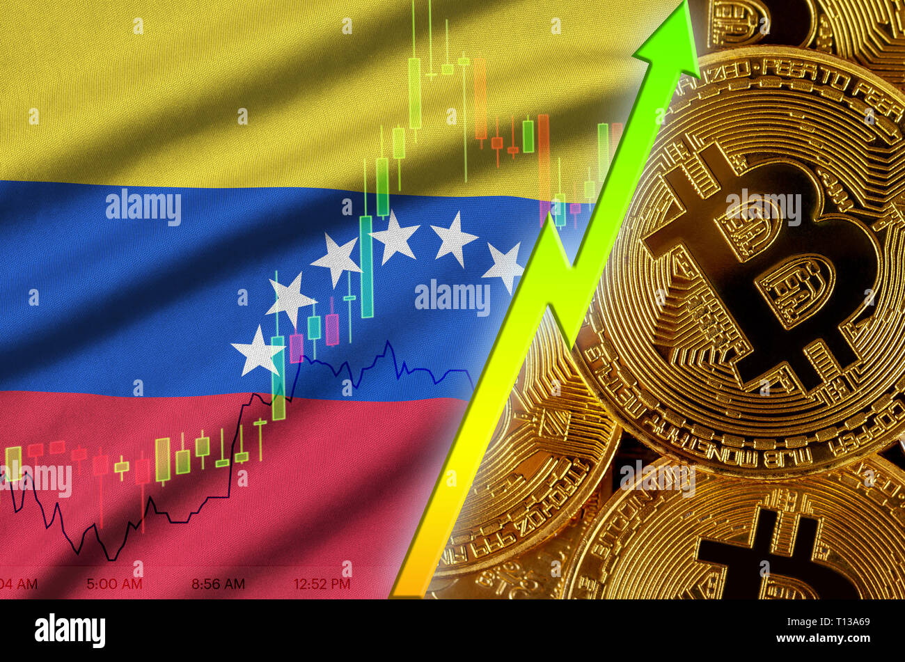 Venezuela flag and cryptocurrency growing trend with many golden bitcoins.  Concept of raising Bitcoin in price or high conversion in cryptocurrency m  Stock Photo - Alamy
